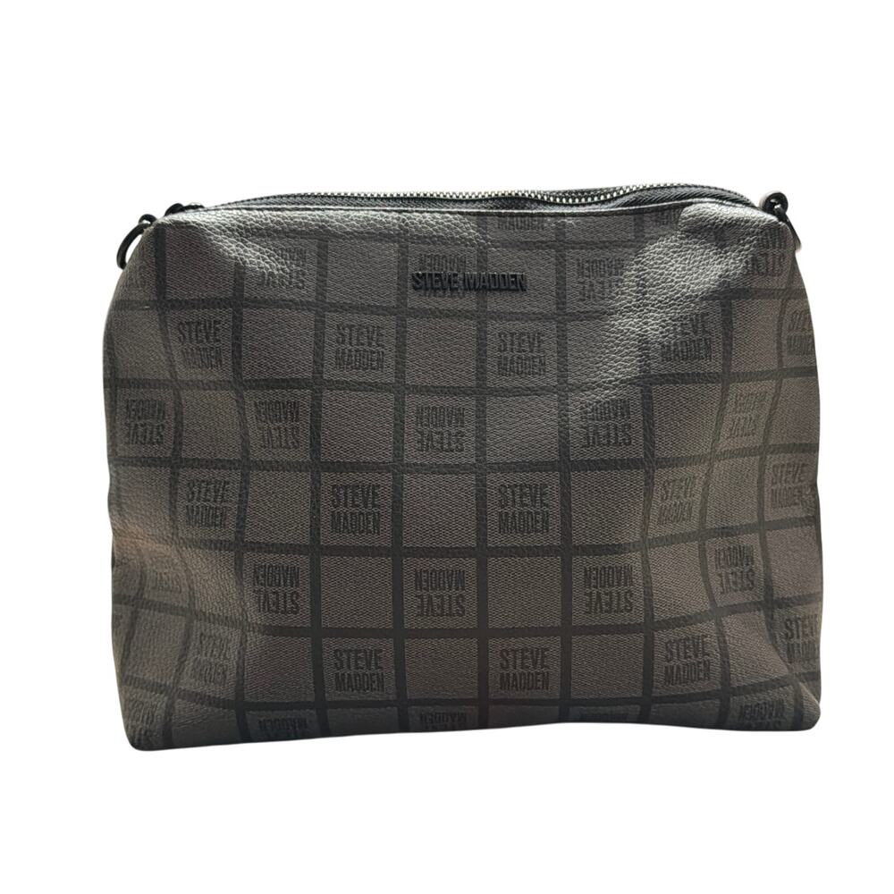 Steve Madden Gray & Black Checkered Logo Large Zippered Pouch Crossbody Cosmetic